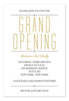 the grand opening card is shown in gold and white