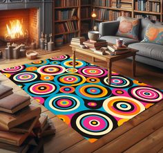 a living room with a fire place and bookshelf in the background, colorful rugs on the floor