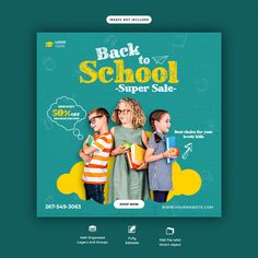 the back to school super sale flyer is shown with two children in front of them