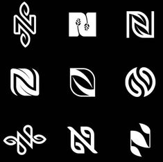 six different logos designed to look like letters and numbers, all in white on black