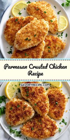 two plates with chicken cutlets and lemon wedges on them, one has parmesan crusted chicken