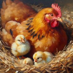 an oil painting of chickens and their chicks in a nest with straw on the ground