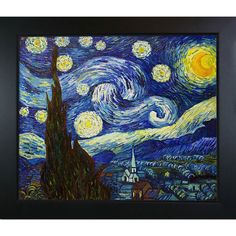 the starry night painting is displayed in a black frame