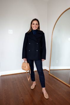 Pea Coat Outfits, Fall Outfits Petite, Tonal Outfits, Peacoat Outfit, Champagne Shoes, Navy Pea Coat, Outfit Ideas Fall, Outfits For Fall, Twirl Skirt