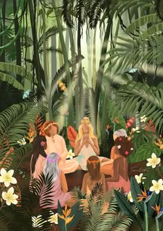 three women sitting in the middle of a forest surrounded by tropical plants and flowers, all looking at each other