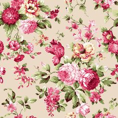 a pink and red flowered wallpaper with green leaves