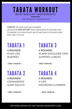 the tabata workout plan for beginners is shown in blue and white with text