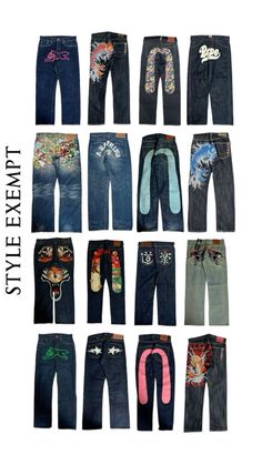 #myfirstshuffle Jeans Skirt Outfit, Bape Jeans, Custom Jeans Diy, Wardrobe Aesthetic, Custom Jean, Evisu Jeans, Ed Hardy Jeans, Custom Jeans, Baggy Clothes