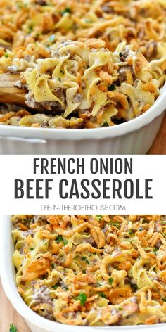 french onion beef casserole in a white dish