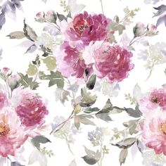 an image of pink flowers with leaves on the white background for wallpaper or fabric