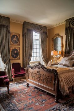 14 Old Money Bedroom Ideas to Inspire Timeless Elegance in Your Home - My Decor Inspo Old Money Bedroom, Victorian Inspired Bedroom, Blue And Cream Bedroom, Cream Bedroom Ideas, Ornate Bed, Dark Wood Furniture, Architecture Bathroom, Victorian Interiors, Two Tone Kitchen