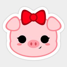 a pink pig with a red bow on it's head is shown in the shape of a sticker