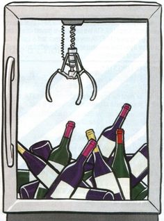 a drawing of wine bottles in a box with a corkscrew hanging from the top