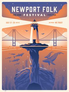 a poster for newport folk festival with a lighthouse and birds flying over the water at sunset