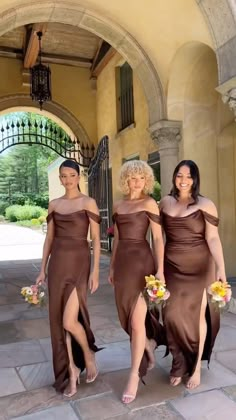 three women in brown dresses are walking together