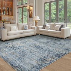 a living room filled with furniture and windows next to a wooden floor covered in blue rugs