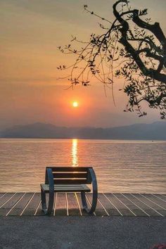 a bench sitting on top of a wooden pier next to the ocean under a sunset