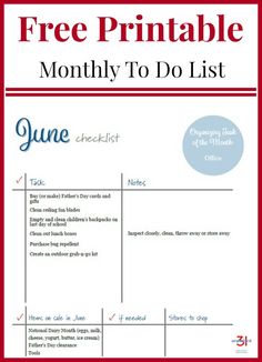 the free printable month to do list is shown in red and white with blue accents