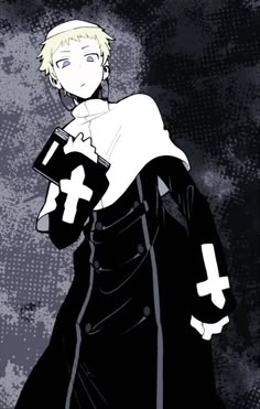 an anime character in black and white holding a cross on his chest with one hand