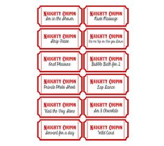 six red and white coupons with the names of each product on them, all in different