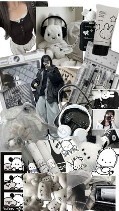 a collage of black and white images with teddy bears, books, pens, headphones and other items