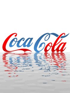 the word coca cola in red, white and blue colors is reflected on the water