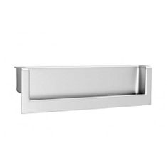 a white wall mounted shelf with an open door on the top and bottom, against a white background