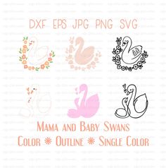 the mama and baby swans svg bundle is shown in pink, orange, and green