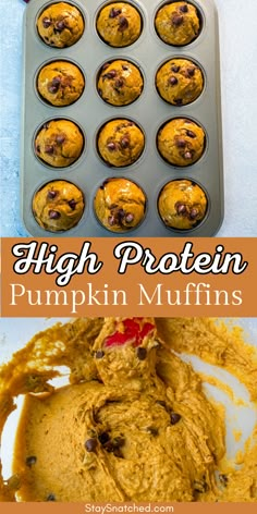 pumpkin muffins with chocolate chips in the middle and an image of high protein pumpkin muffins