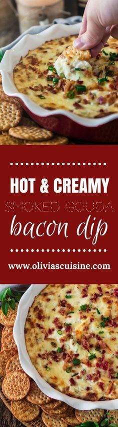 hot and creamy bacon dip in a casserole dish with crackers on the side