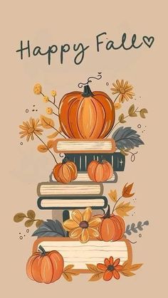 a stack of books with pumpkins and leaves on top of it, says happy fall