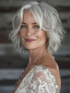 Curly Over 50 Haircuts, White Hair Styles Over 50, Short White Hair Aesthetic, Grey Bob Hairstyles Over 50, Medium Gray Hair, Hair Over 60 Aging Gracefully, Hairstyles Women Over 50, Layered Hair Styles, Short Pixie Bob Haircuts