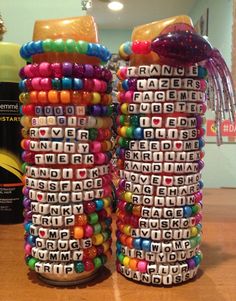 Candy Bracelet Ideas, Rave Candy Bracelets Ideas, Bracelets With Words, Rave Candy, Rave Bracelets, Pulseras Kandi, Rave Kandi, Kandi Inspo, Diy Kandi Bracelets