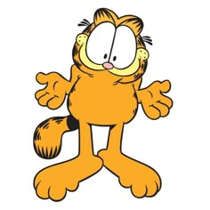 garfield the cat cartoon character with his arms out and eyes wide open, standing on one leg