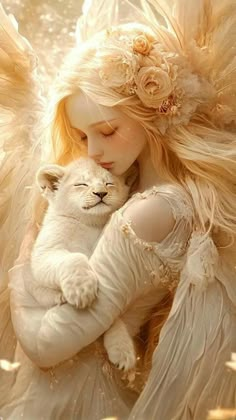 a woman holding a white cat in her arms and wearing angel wings on top of her head