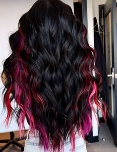 Dark Hair With Colored Extensions, Bold Hair Colors For Brunettes, Red Pink Black Hair, Black Hair With Red And Pink Highlights, Black And Purple Halo Hair, Vivid Halo Hair, Black Hair With Bright Colors, Black Hair Pop Of Color, Black With Peekaboo Color