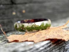 a wedding band with green moss growing on it sitting on top of a fallen leaf