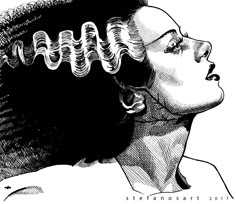 a black and white drawing of a woman's head with spirals in her hair