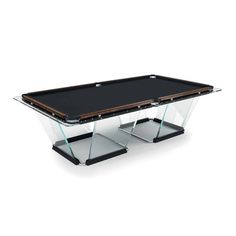 a black and gold pool table sitting on top of a white floor with two legs