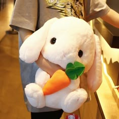 a person holding a stuffed rabbit with a carrot in their hand