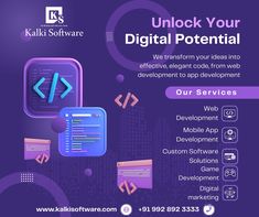 a purple and blue flyer with icons on it, including the words unlock your digital potential