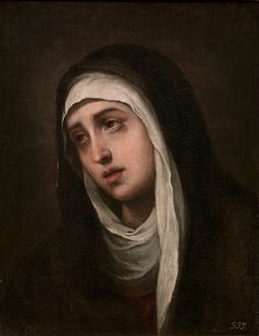 a painting of a woman with a white scarf on her head and wearing a black hood