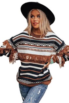 Multicolor Round Neck Striped Sweater with Fringe White Fringe Tops For Fall, Brown Fringe Tops For Fall, Brown Fringe Top For Fall, Round Neck Sweater, Chic Sweaters, Round Neck Sweaters, Outdoor Style, Striped Sweater, Winter Sweaters