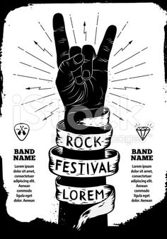 rock festival poster with hand holding up the peace sign and band name on black background