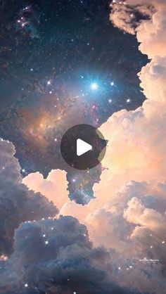 the sky is filled with clouds and stars, as well as a video player's face