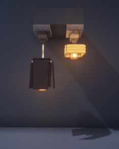 two lights that are on the side of a wall next to a lamp in an empty room