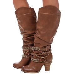 Category:Boots; Upper Materials:Faux Leather; Embellishment:Buckle; Season:Fall,Winter; Heel Type:Cone Heel,Chunky Heel; Gender:Women's; Size Suggestion:standard size, select your usual size; Toe Shape:Round Toe; Type:Knee High Boots; Style:Casual,Minimalism,Vintage; Heel Height(inch):2-3; Outsole Materials:Rubber; Occasion:Daily,Outdoor; Closure Type:Zipper; Pattern:Solid Color; Listing Date:10/19/2023; Production mode:Self-produce; 2024 Trends:Motorcycle Boots,Plus Size,Heel Boots Brown Knee-high Boots For Winter, Brown Mid-calf Boots For Winter Party, Brown Knee-high Boots For Winter Party, Rhinestone Boots, Knee High Boots Winter, Riding Boots Fashion, Slouch Boots, Winter Heels, Winter Ankle Boots