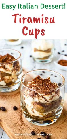 two desserts in small glass bowls on a wooden cutting board with coffee beans around them