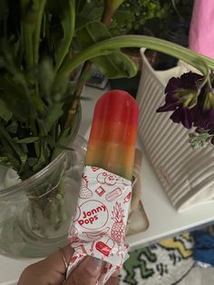 a person holding an orange and yellow popsicle in front of a potted plant