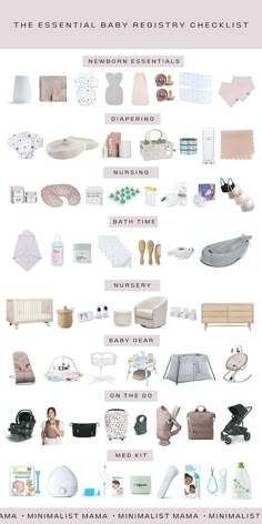 an image of baby products displayed on a white background with the words essential baby registry checklist